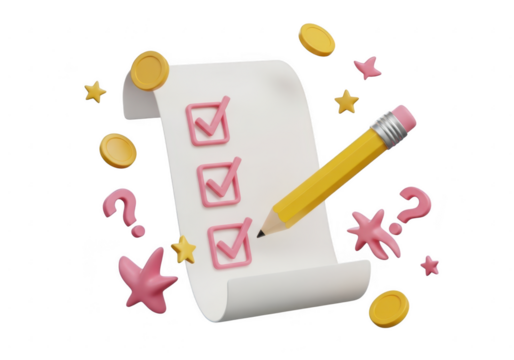 Checklist with pencil and coins isolated on transparent background