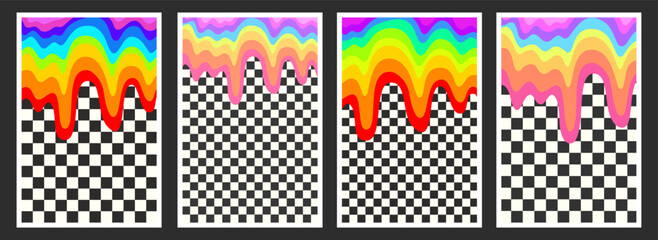 Melting Rainbow Pattern With Checkered Textures Collection. Cool Y2k Posters Set. Pop Groovy Art Placards.