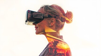 Woman in VR Headset Double Exposure Sunset Cityscape