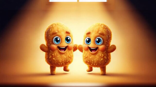Two happy cartoon chicken nuggets smiling