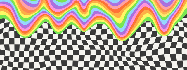 Checkered Texture With Melting Rainbow. Colorful Dripping Pattern. Groovy Background.