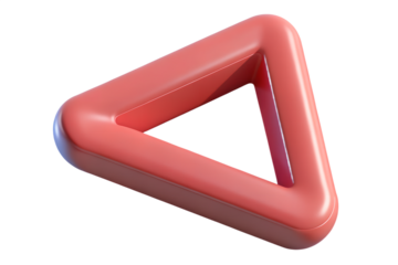 3D isometric play triangle symbol in crimson on white background.
