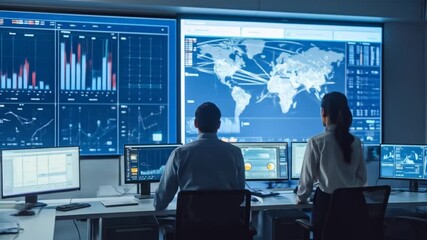 In a modern control room, analysts collaborate analyzing real-time data visualizations and global - Powered by Adobe