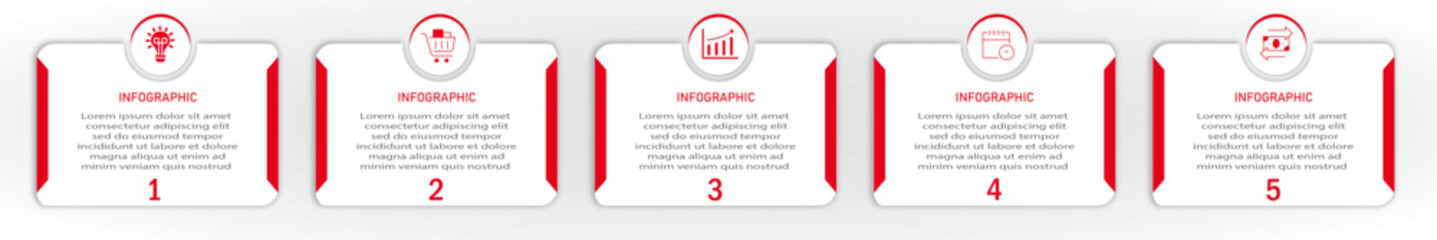 Business process timeline visualization with icon on circle with red half border | Infographic 5 steps white diagram with two side red border business data representation | Vector illustration
