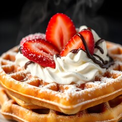 Close-Up of Golden Waffles with Strawberries, Whipped Cream, and Chocolate Drizzle