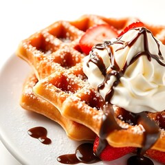 Close-Up of Golden Waffles with Strawberries, Whipped Cream, and Chocolate Drizzle