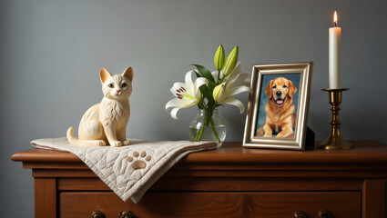 Cat figurine with dog photo candle and flowers on wooden dresser in a somber setting indoors