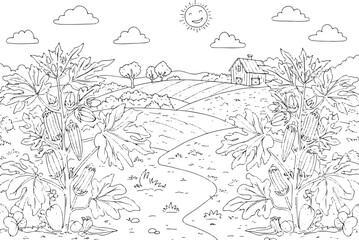 Obraz premium Whimsical Okra Plantation Illustration for Coloring Books and Ed