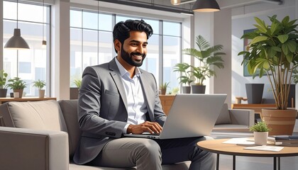 Bearded Indian businessman smiling while working on laptop in modern office lobby. Young Indian student studying online, attending webinar, virtual training or video call.