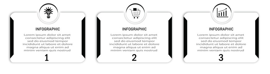 Business process timeline visualization with icon on circle | Infographic 3 steps white diagram with two side black border business data representation | Vector illustration