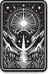 Mystical Black and White Illustration Featuring Mountains, Stars, and Celestial Elements Design