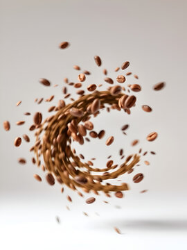 The coffee beans spin rotate quickly fast fly, dispart, splash to the sides with centrifugal coriolis force. The video is in reverse. Coffee beans twist, create pattern, make design figure picture.