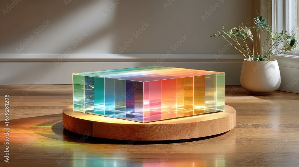 Poster a circular led platform glowing from within, illuminated further by a moving spotlight that changes 