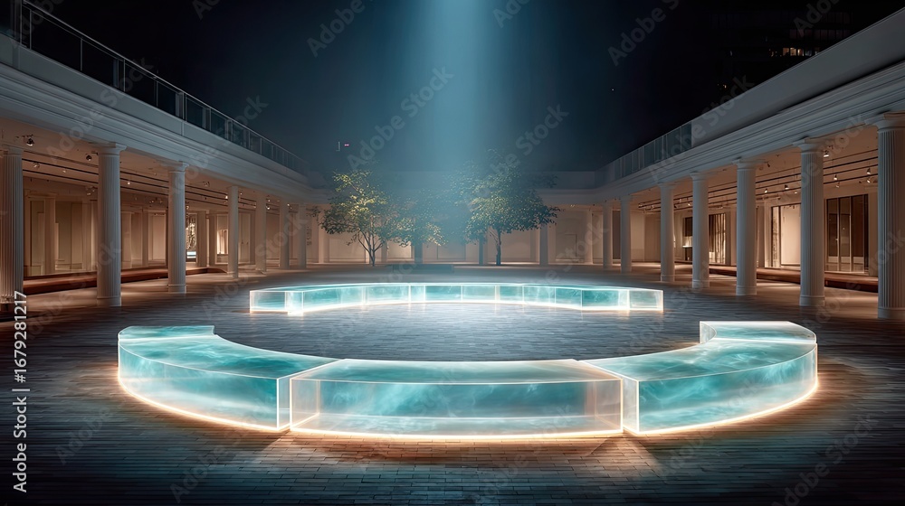 Aufkleber a circular led platform glowing from within, illuminated further by a moving spotlight that changes 