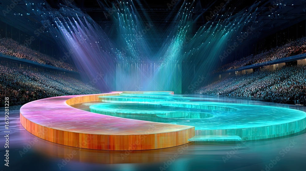 Aufkleber a circular led platform glowing from within, illuminated further by a moving spotlight that changes 
