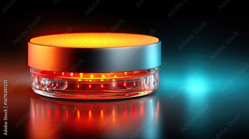Poster a circular led platform glowing from within, illuminated further by a moving spotlight that changes 
