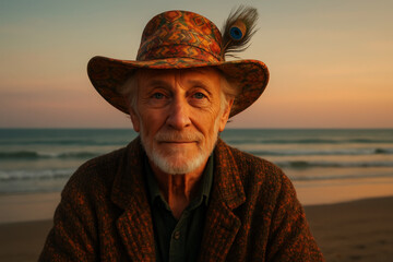 Elderly man wearing patterned hat with peacock feather standing on beach at sunset ocean