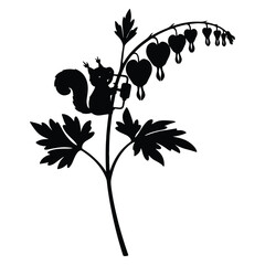 Naklejka premium Silhouette of a Squirrel on a Bleeding Heart Plant Black and White Illustration Decorative Design Element Whimsical Nature Art