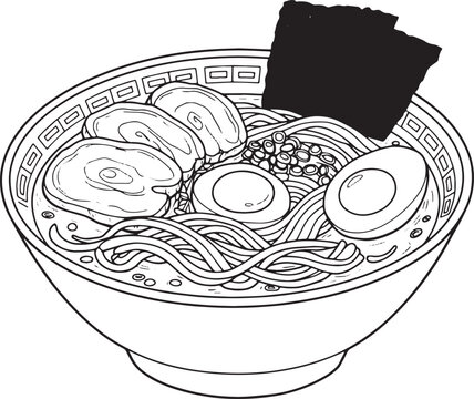 Monochrome ramen illustration with noodles, eggs, meat, and seaw