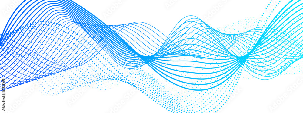 Poster abstract wave background with interwoven flowing blue and green gradient lines on a white backdrop. 