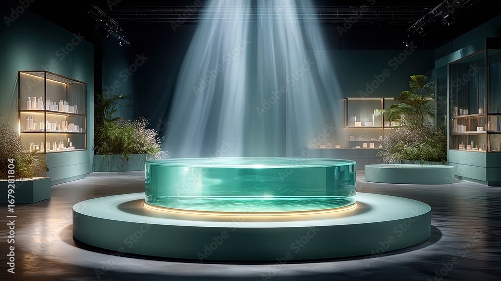 Poster a circular platform of frosted glass lit from below, with a spotlight from above creating a double i