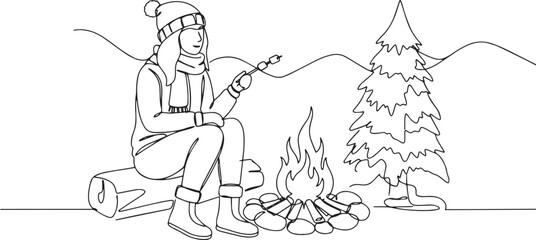Obraz premium Elegant line art depicts a woman enjoying a fireside marshmallow