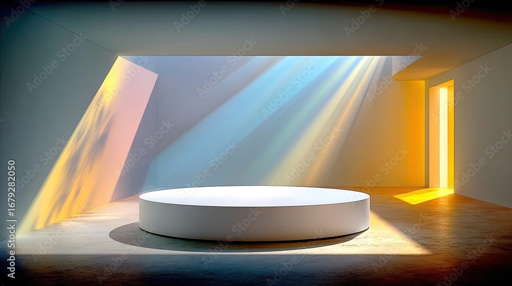 Aufkleber a white circular platform floating in darkness, illuminated by a moving spotlight that creates shift