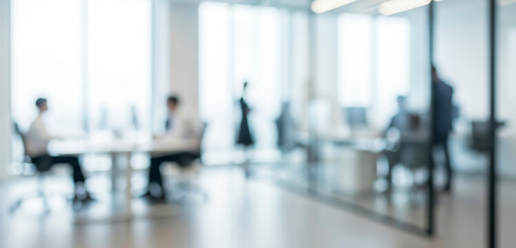 Blurred office scene with people working at desks and walking, where bright windows, reflections, and minimal forms create a glowing modern workplace environment.