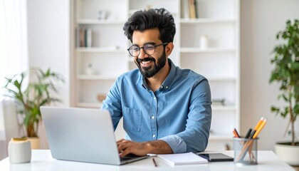 Indian businessman smiling while working on laptop at home office. Remote work concept, professional man using computer, studying online or working from home.