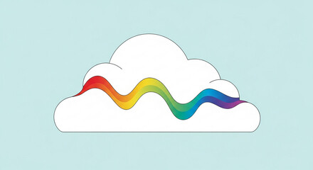 A whimsical illustration of a white cloud with a colorful rainbow flowing through it against a light blue background.