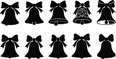 Christmas bell silhouettes, festive holiday bells, decorative bow ornaments, black vector icons, seasonal celebration design, winter decoration clipart, New Year symbols