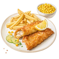 Crispy golden fish and chips with lemon and corn isolated on a transparent background watercolor