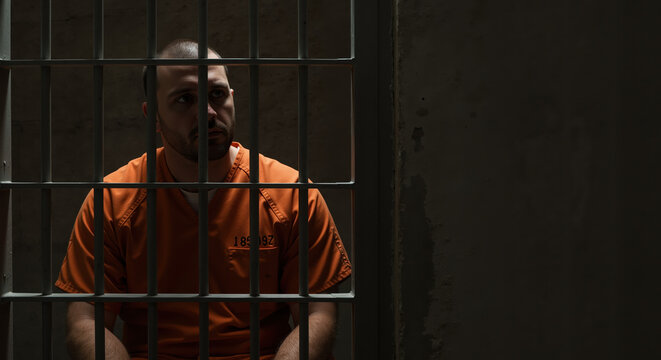 Inmate sitting alone in cell wearing orange prison uniform  