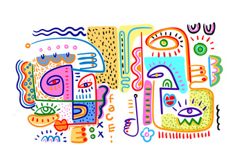 Face portrait abstraction doodle. geometric and shapes wall art vector illustration design. Abstract woman, man silhouette cubism.