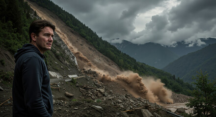 Man observing landslide in mountainous area under cloudy sky  