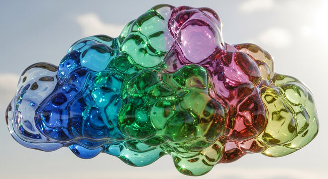 A vibrant, colorful, and abstract digital art piece featuring a cluster of iridescent bubbles.