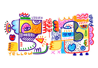 Face portrait abstraction doodle. geometric and shapes wall art vector illustration design. Abstract woman, man silhouette cubism.