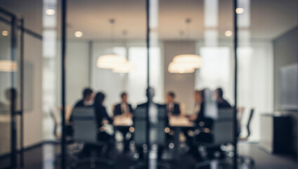 Fototapeta premium Blurred business meeting in a conference room with glass walls and modern lighting, where silhouettes of people create a dynamic atmosphere of teamwork and ideas.