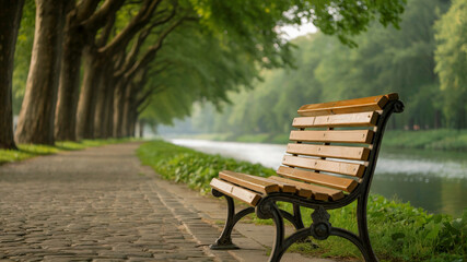 Fototapeta premium Wooden Park Bench Beside River Walkway Under Green Trees
