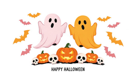 Obraz premium Pink and orange ghosts dance above carved pumpkins and skulls Halloween illustration Free space for text Happy Halloween