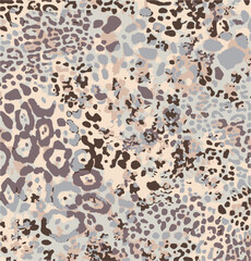 Leopard print. Vector seamless pattern. Animal skin background with black and brown spots on beige backdrop. Abstract exotic safari texture. Jaguar, leo, puma cheetah fur pattern. Repeat design