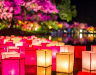 Floating lanterns on water at night under flowering trees