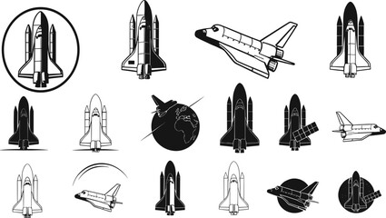 Black and white space shuttle vector set, rocket launch illustrations, astronaut exploration, spacecraft design, planetary elements, cosmic travel © KRISNARANI
