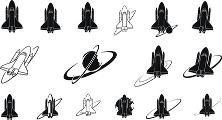 Black and white space shuttle vector set, planetary elements, rocket ship illustrations, astronaut exploration, cosmic travel, spacecraft design, outer space art © KRISNARANI