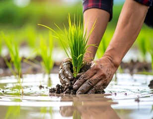 Hands of a farmer carefully planting rice seedlings in a flooded paddy field