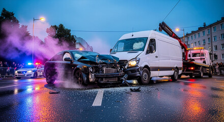 A severe car accident scene with a damaged black car and a white van under the evening sky on a wet road