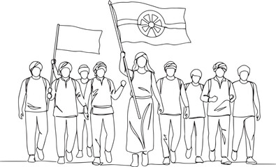 Obraz premium Continuous line drawing of a group of people marching with flags