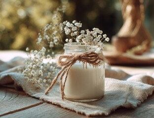 Fototapeta premium A small glass jar of creamy liquid, adorned with delicate white flowers, sits on a rustic wooden surface