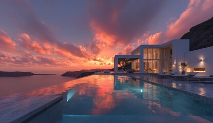 Luxurious cliffside villa overlooking a vibrant sunset and a tranquil ocean