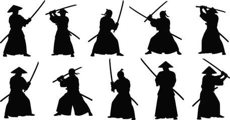 Samurai warriors silhouettes with katana swords, martial arts poses, traditional Japanese warriors, sword fighting, ancient samurai battle, warrior culture illustration